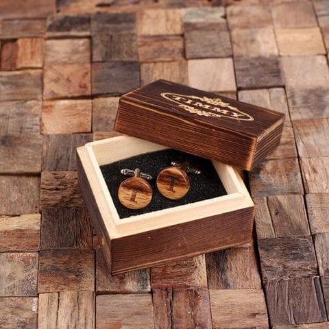 Personalized Men’s Classic Round Wood Cuff Links with Box, White Oak