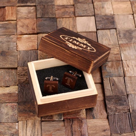 Personalized Men’s Classic Square Wood Cuff Links with Box, Mahogany