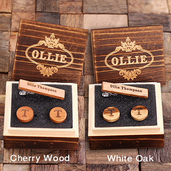 Personalized Round Wood Cuff Link & Wood Tie Clip Gift Set