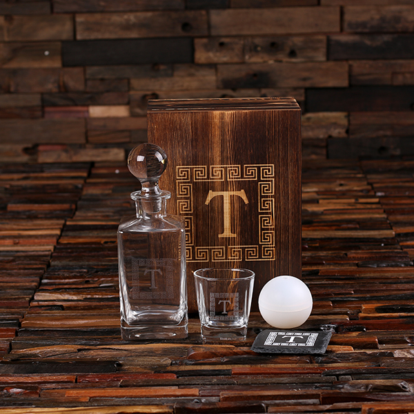 Personalized Whiskey Decanter, Glass, Ice Ball, Coaster & Engraved Box Gift Set