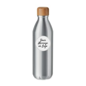 reusable aluminium water bottle with bamboo lid and corporate branding