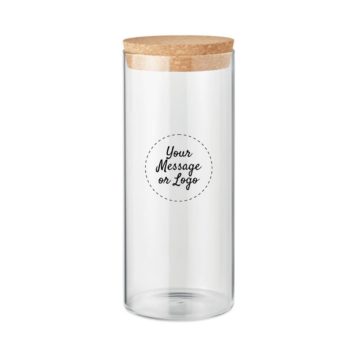 glass storage container with cork lid branded for promotions