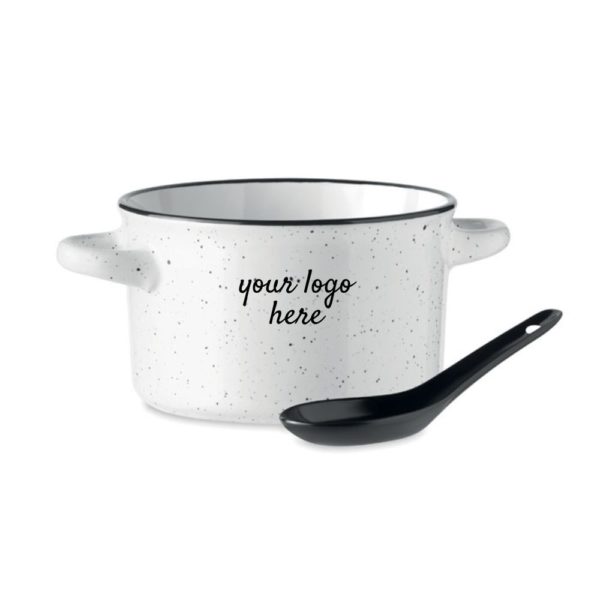 branded ceramic soup bowl with spoon