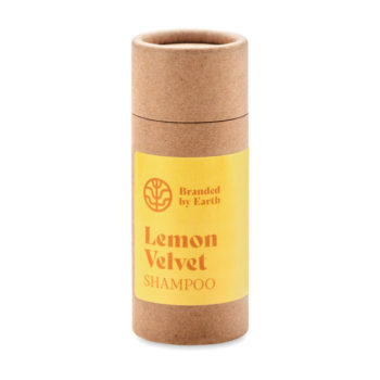 eco friendly vegan shampoo bar in recycled cardboard tube with branded label on top