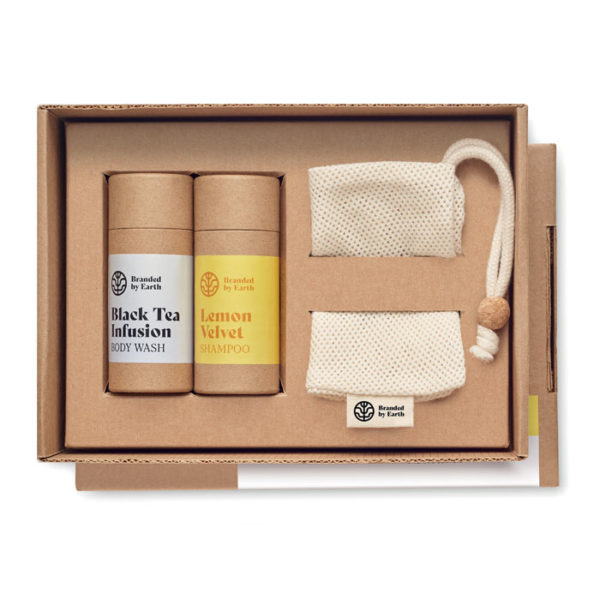 Eco friendly travel set with body wash and shampoo sticks in branded box with cotton drawstring bag